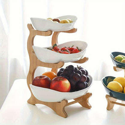 White or Green Countertop Display Stand with Two- or Three-Tier Curved Trays and Wood-Look Supports