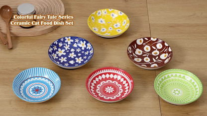 Ceramic Cat Bowls Set of 6 – Shallow Wide Cat Food Plate Whisker Friendly with Non-Slip Mat, Fairy Tales Colorful Design, 5.75" Microwave & Dishwasher Safe Cat Dish 8.5oz