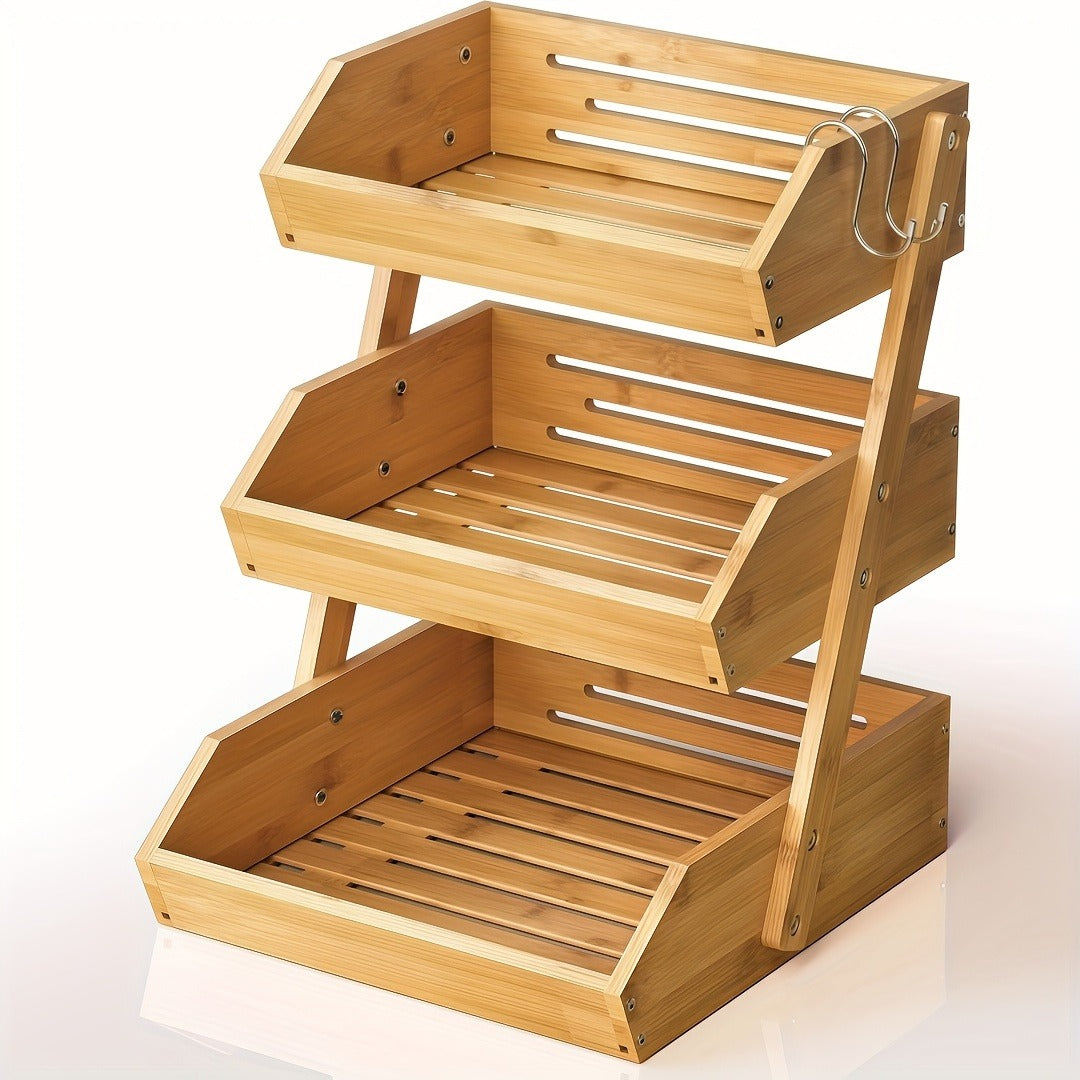 Slatted Countertop Produce Organizer in Two- or Three-Tier Checkout Options with Angled Open-Front Trays