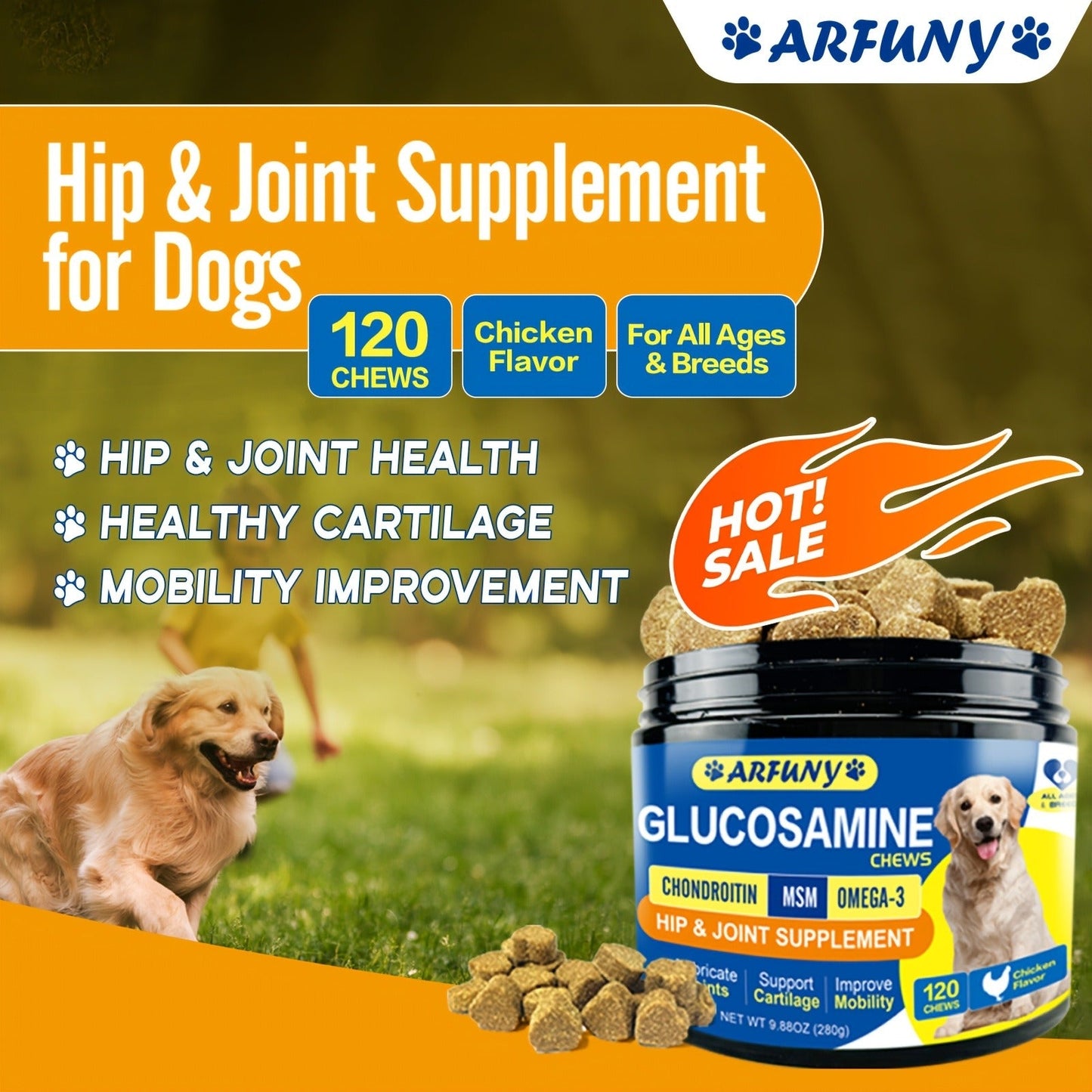 Dog Glucosamine Joint Supplement Chews 120ct | Chicken Flavor Soft Chews with Glucosamine, Chondroitin, MSM & Vitamins for Hip & Joint Health, Mobility Support for Dogs of All Sizes & Ages