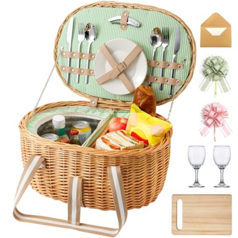 Insulated Wicker Picnic Hamper Set for Two with Cutlery, Ceramic Plates, Glasses and Cheese Board