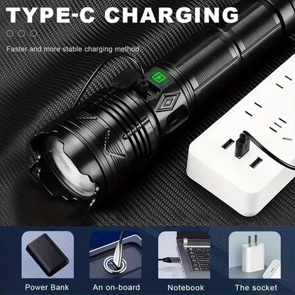 Flashlight Fresnel Lens Rechargeable Torch with 26650 Battery, USB-C Charging and Warning Tail Light