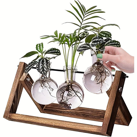 Propagation Station 3 Bulb Glass Vase with Wooden Stand - Hydroponic Plant Terrarium for Home Office Desk Decor, Unique Gardening Gift for Women Plant Lovers, Boho Cottagecore