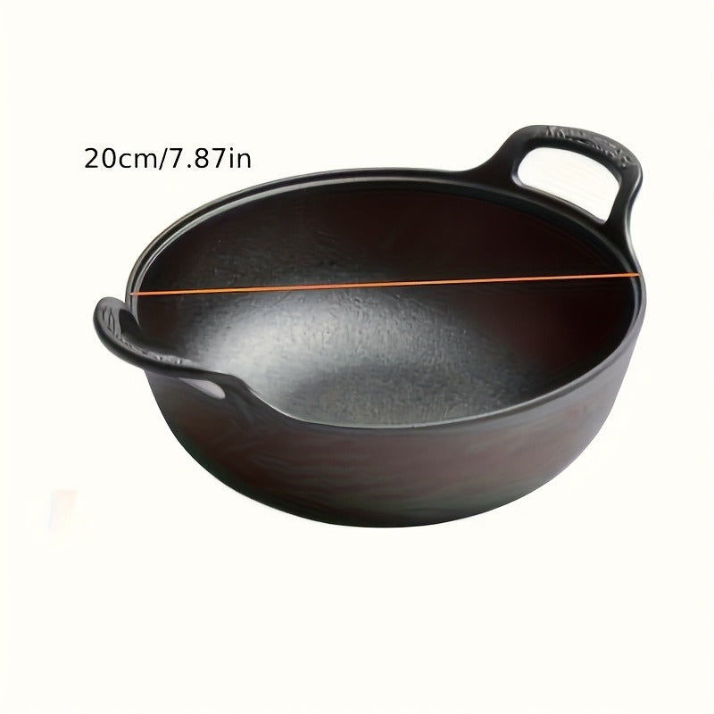 20cm Cast Iron Serving Pan with Dual Loop Handles, Rounded Deep Profile and Enamel Base Layer for Oven or Stovetop Use