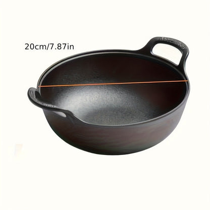 20cm Cast Iron Serving Pan with Dual Loop Handles, Rounded Deep Profile and Enamel Base Layer for Oven or Stovetop Use