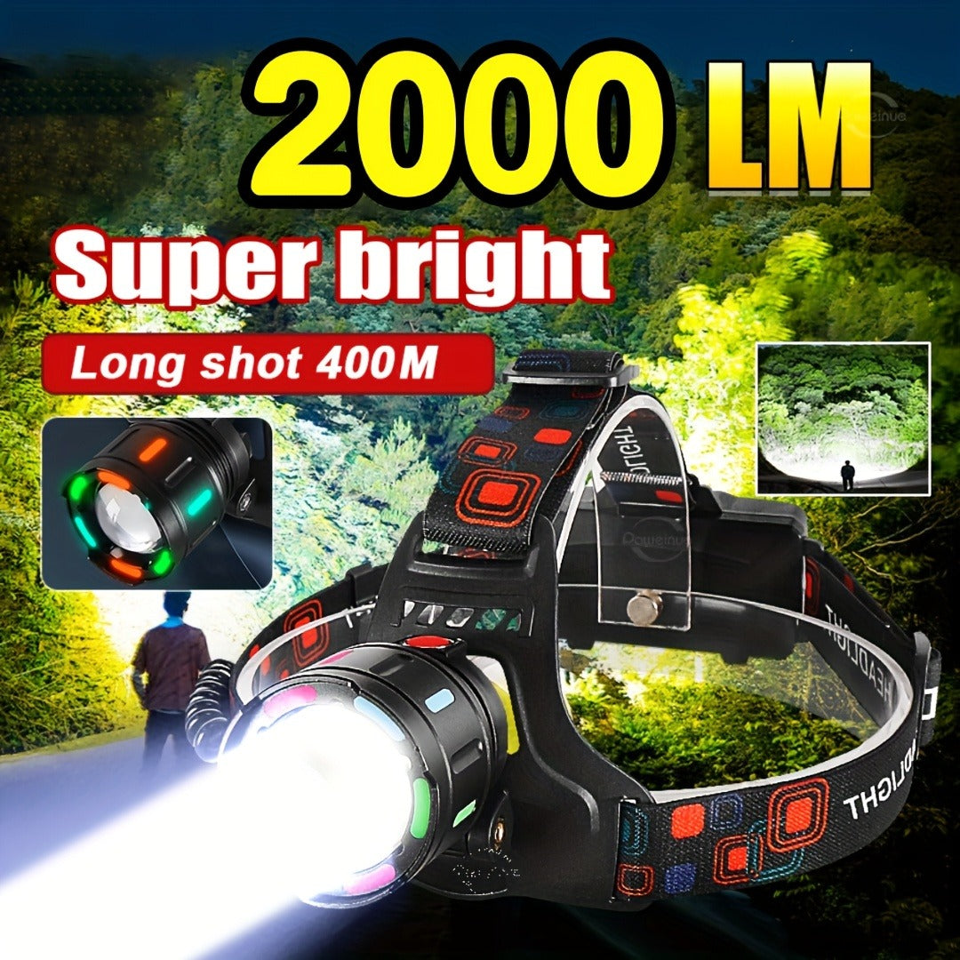 2000LM-Labeled Rechargeable Zoom Headlamp with Four Modes, 400m Beam Label, Rear Red Lamp and 90° Tilt