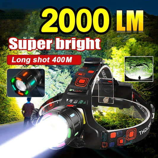 Zoomable LED Headlamp Rechargeable – Adjustable Focal Length, 90° Tilt, Warning Taillight, 4 Modes, Durable Head Torch for Camping, Hiking, Repair Work & Emergency Use