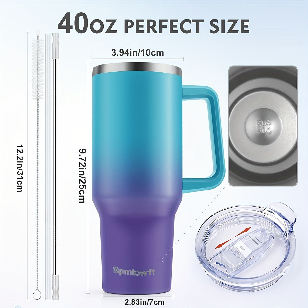 Handled 40oz Stainless Steel Tumbler with Straw Lid, Tapered Base and Five Color Options for Daily Use