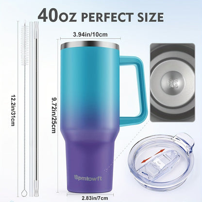 Handled 40oz Stainless Steel Tumbler with Straw Lid, Tapered Base and Five Color Options for Daily Use