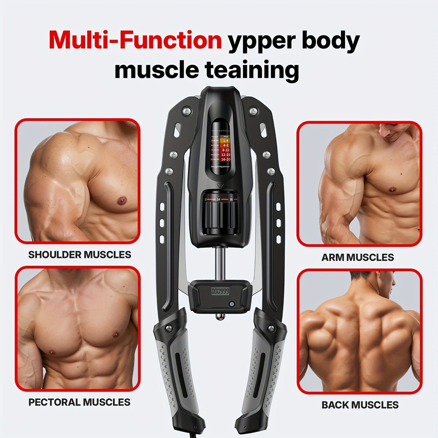 Fitness Equipment Hydraulic Chest Expander with Adjustable 10-200 kg Resistance and Digital Rep Counter