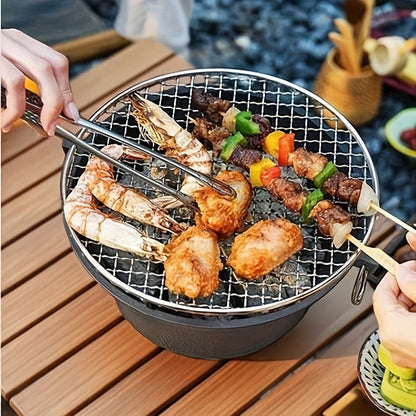 Cast Iron Charcoal Grill Round Portable, Mini BBQ Grill with Wooden Board & Stainless Steel Mesh Tray, Compact Tabletop Charcoal Grill for Outdoor Camping, Pizza, Tea Cooking & Family BBQ