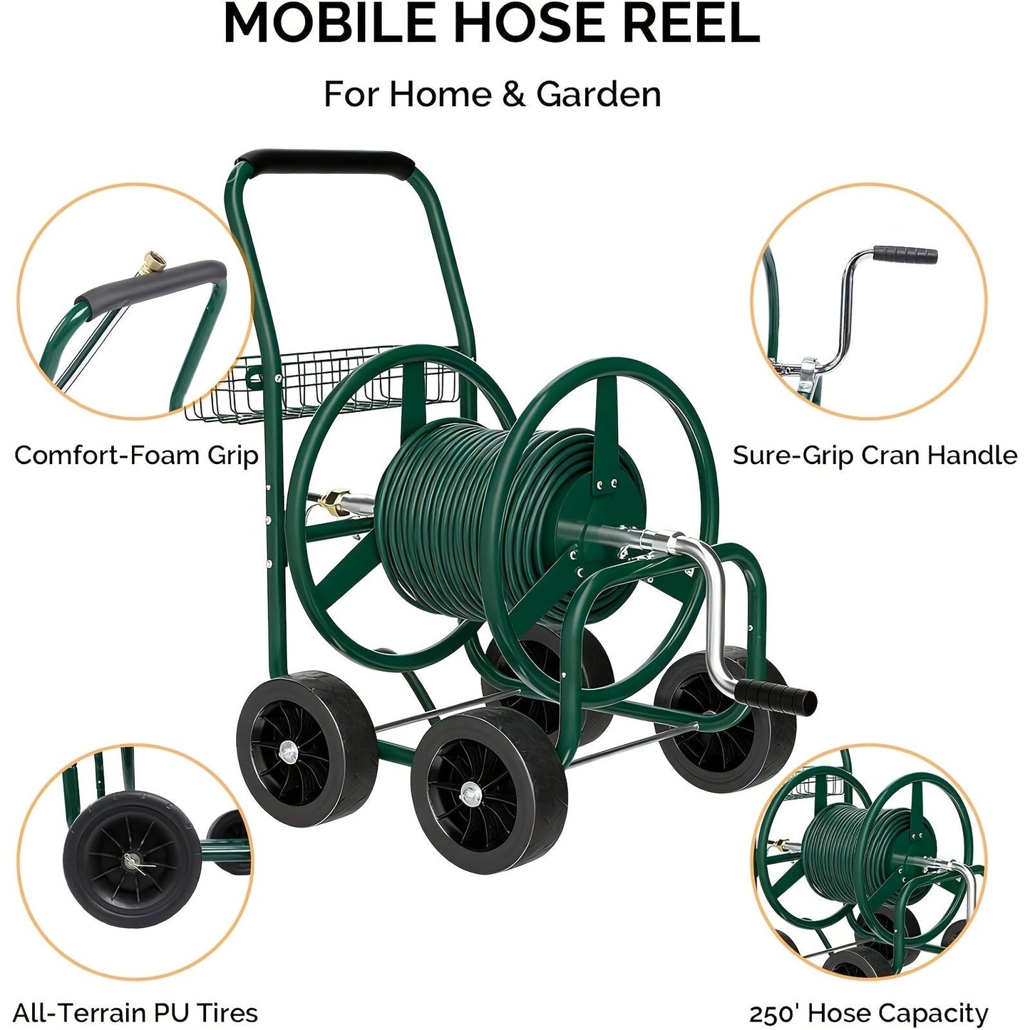 Four-Wheel Garden Hose Reel Cart in Green with Crank Handle, Storage Basket and Padded Push Grip