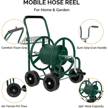 Four-Wheel Garden Hose Reel Cart in Green with Crank Handle, Storage Basket and Padded Push Grip