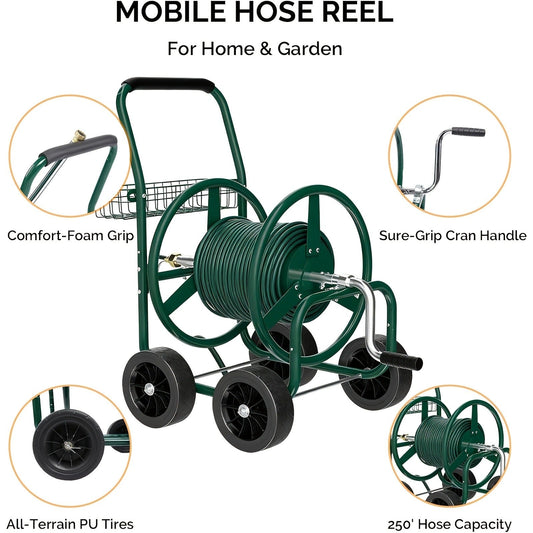 Garden Hose Reel Cart | 250ft Capacity, Heavy-Duty Steel, 4 Wheels & Storage Basket