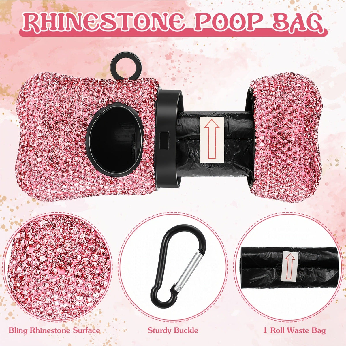 Pink Rhinestone Retractable Dog Leash with Bone-Shaped Waste Bag Dispenser, Metal Clip and One Roll