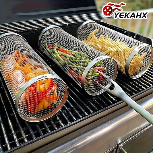 Rolling Grill Basket Stainless Steel 2-Pack – Cylinder BBQ Basket with Hook & Fork for Vegetables, Meatballs & Seafood | Outdoor Camping Bonfire Grill Accessory