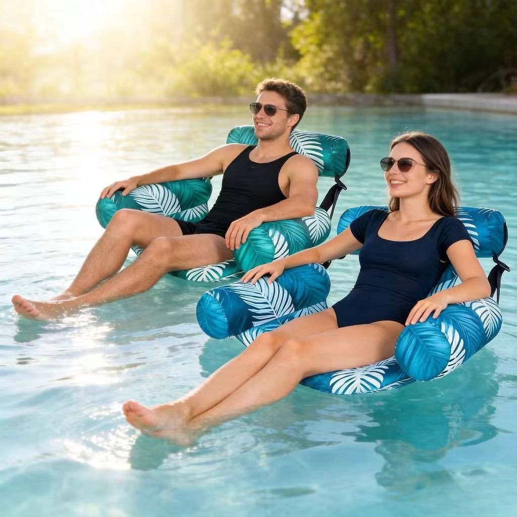 Two-Piece Leaf Print Inflatable Pool Lounge Chair Set with Backrests, Armrests and Open Seat Panels