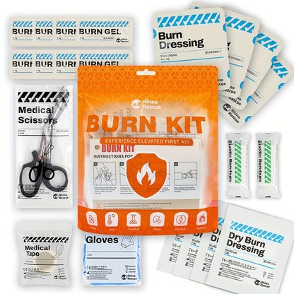 RHINO RESCUE Burn Dressing First Aid Kit with 20 Labeled Supplies in an Orange Zipper Pouch