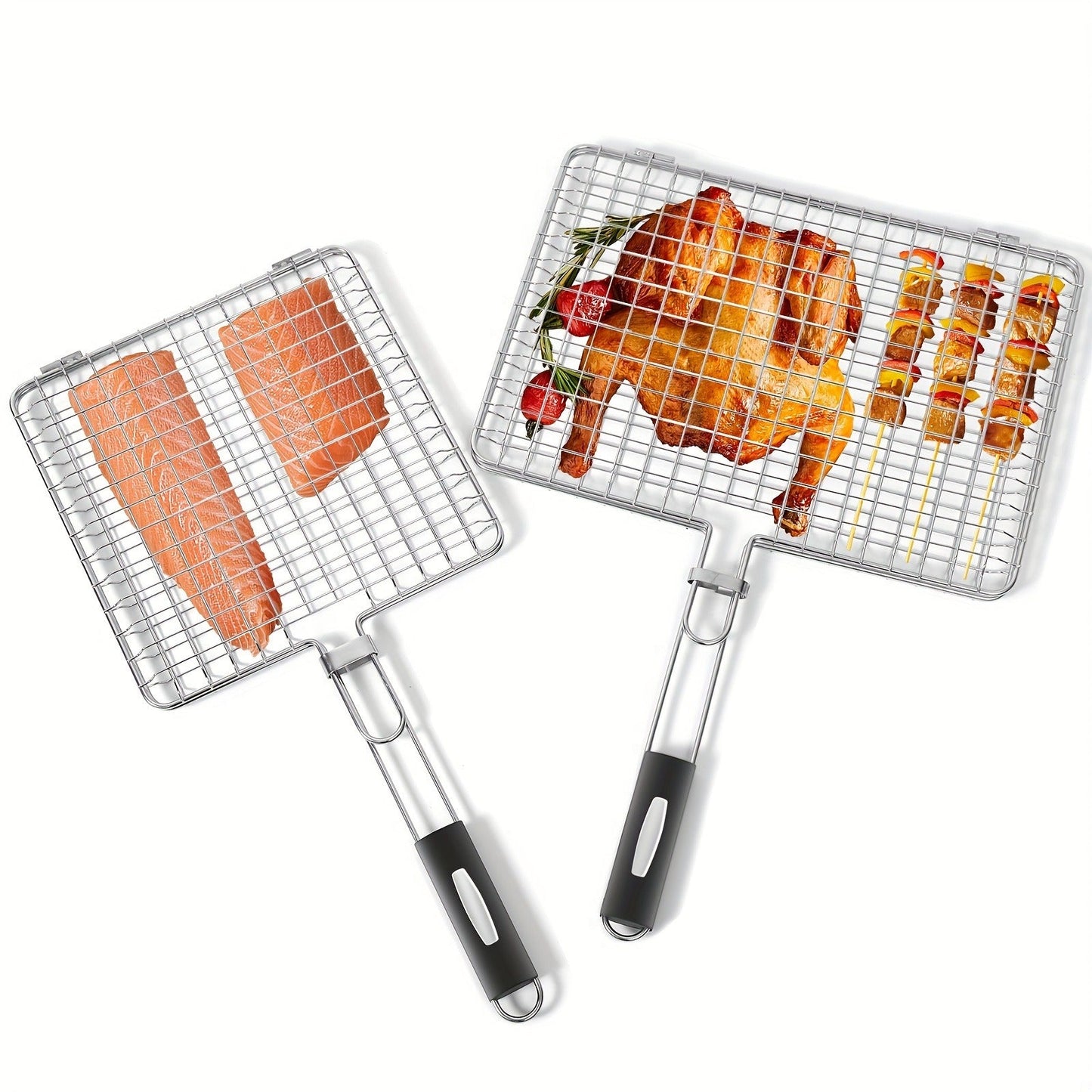 Grill Basket Stainless Steel Folding BBQ Grilling Basket for Fish Chicken Vegetables Shrimp Portable Outdoor Camping Barbecue Accessory 3 Sizes