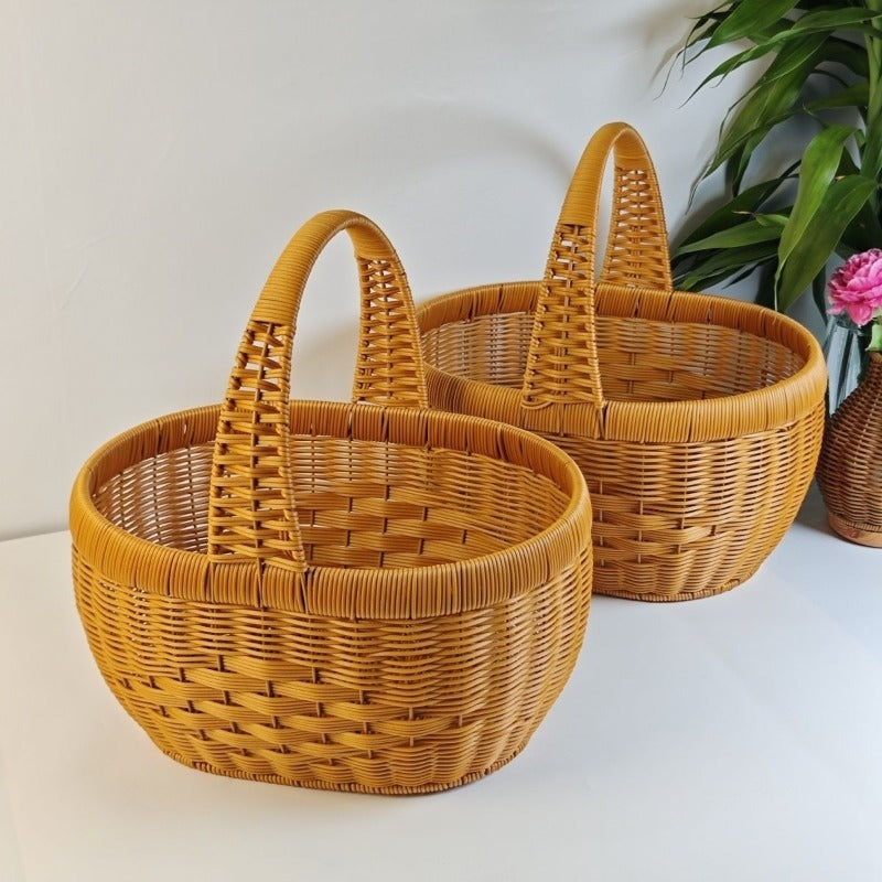 Rattan Basket Woven Shopping Basket with Handle – Extra Large Handcrafted Picnic Basket for Fruits, Eggs, Vegetables, Farmers Market & Shelf Storage, 36×28×20cm