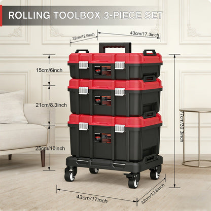 Rolling Tool Box with Wheels 3-Tier Stackable Organizer | Lockable Compartments, Connected Storage, 17" Large Plastic Toolbox for Garage, Home & Professional Work