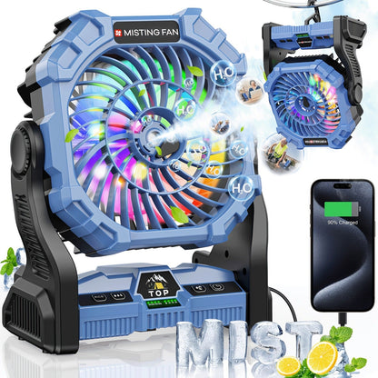 Camping Fan Rechargeable 20000mAh with Misting Solar Panel RGB Mood Light 4-Speed Tent Hook Phone Charging Portable Outdoor Fan