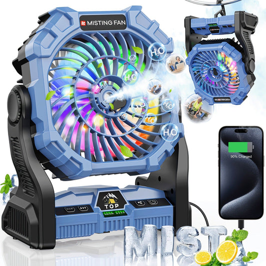Rechargeable Camping Fan 20000mAh with Misting, Power Bank, RGB Light, 4 Speeds & Tent Hook for Outdoor Use