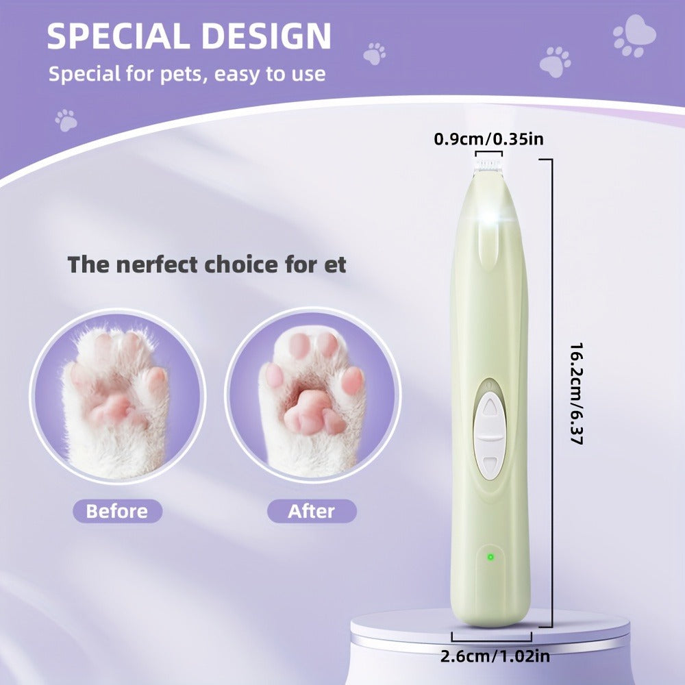 LED Dog Paw Trimmer with USB-Rechargeable Cordless Design, Spare Head Pieces and Purple or Green Finish
