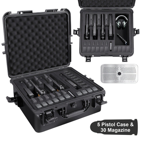 Hard Pistol Case Holds 5 Handguns & 30 Magazines - Lockable Travel Gun Case with Pre-Cut Foam, Silica Gel Canister, ABS Hard Shell, Multiple Pistol Storage Box for Handguns Under 11 Inches