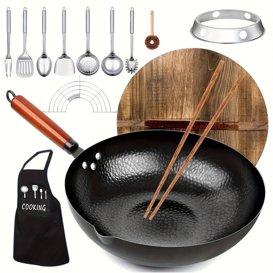 Wok Set Cast Iron 12.6 Inch Nonstick with 13 Accessories – Natural Nonstick No Chemical Coating Stir Fry Pan with Lid & Detachable Handle | Gas Electric Induction Ceramic Stovetop Kitchen Gift