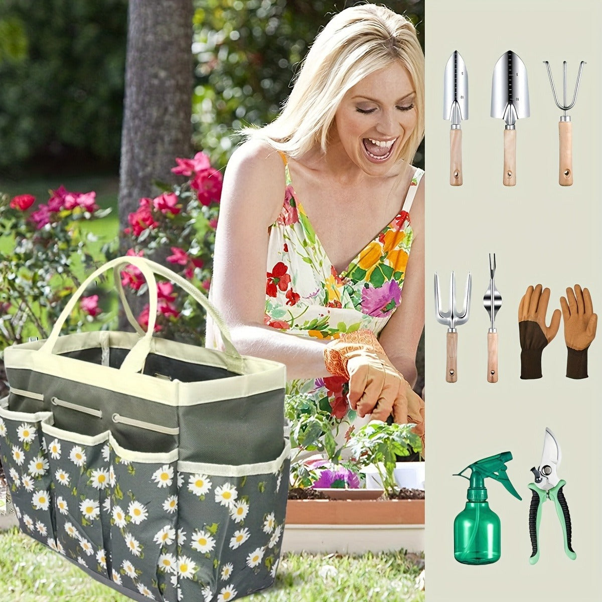 Gardening Kit 9-Piece with Gloves & Carry Bag | Heavy Duty Rust-Resistant Garden Tool Set Trowel Weeder Pruner Rake | Planting Gift for Women Men Beginners