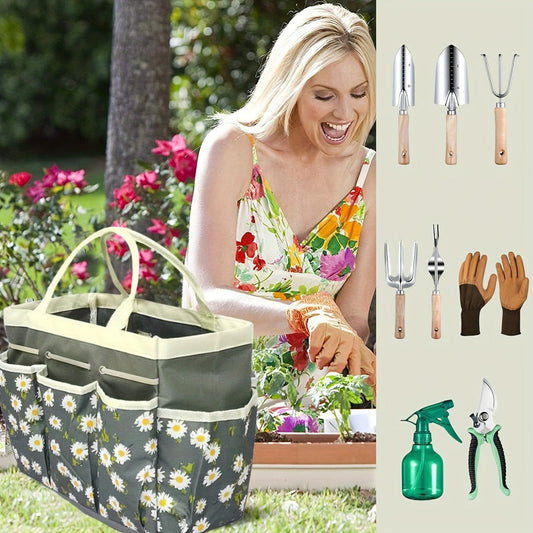 Gardening Kit 9-Piece with Gloves & Carry Bag | Heavy Duty Rust-Resistant Garden Tool Set Trowel Weeder Pruner Rake | Planting Gift for Women Men Beginners