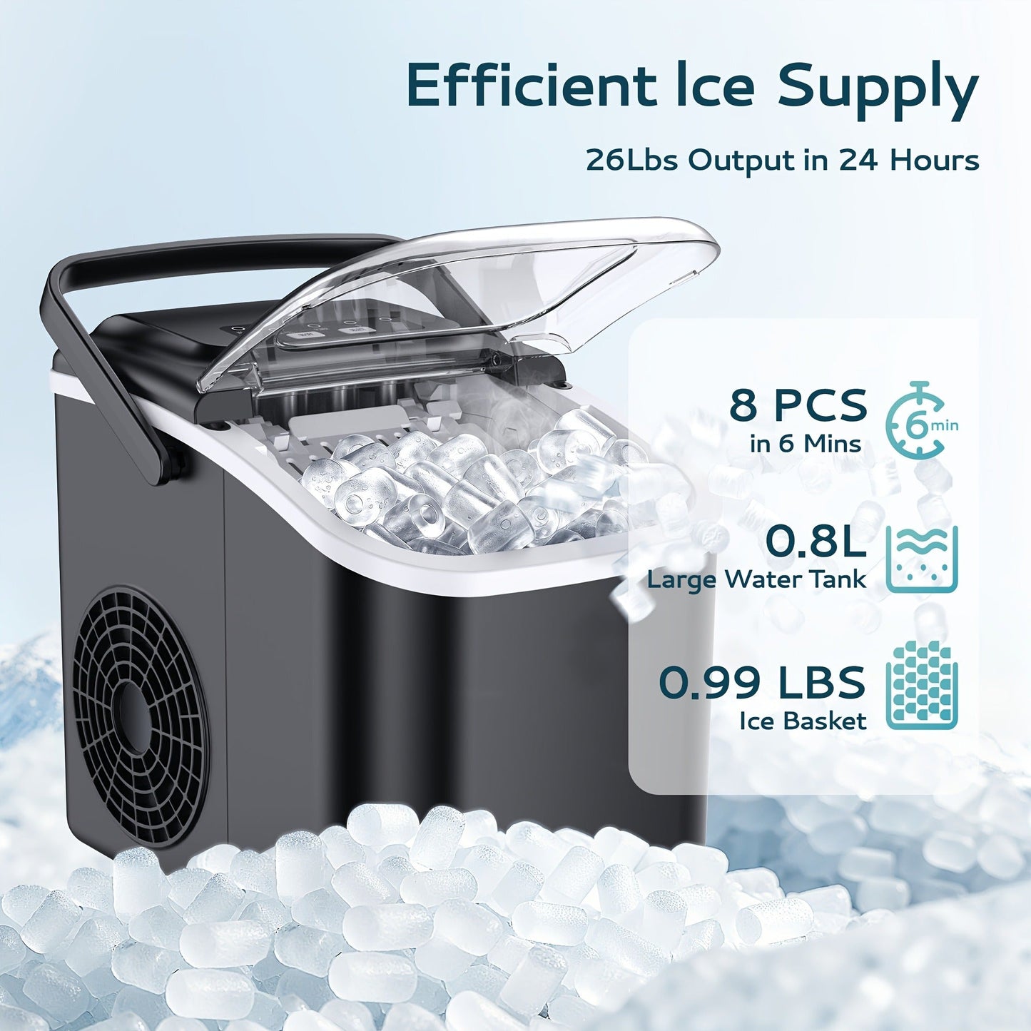 Countertop Bullet Ice Maker with 26-29 lb Daily Labels, 8 Cubes per 6 Minutes and Three Colors
