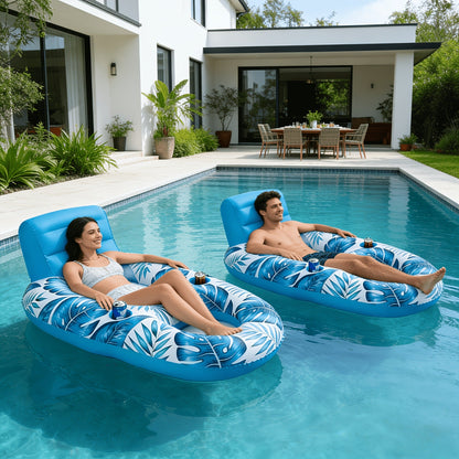 Inflatable Pool Float Set of 2 – 59.1x36.2 Inch Portable Raft with Dual Cup Holders for Pool Beach Lake Outdoor Leisure, Blue & White Seaside Design