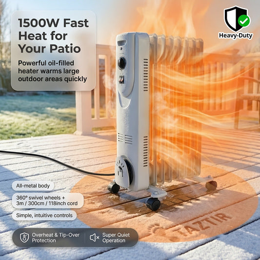Oil Filled Radiator Heater 1500W Portable Electric Space Heater with 3 Heating Modes 600W/900W/1500W, Adjustable Thermostat, Overheat & Tip-Over Protection, Heavy-Duty Metal Housing with Casters