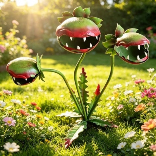 3D Metal Garden Sculpture Plaque – Scary Three-Head Flower Eating Monster Outdoor Lawn Decoration