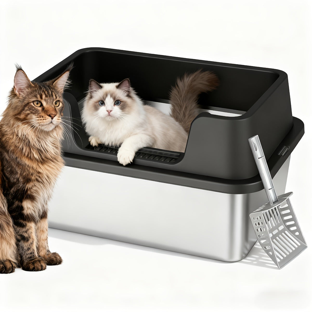 Stainless Steel Cat Litter Box with Scoop - High-Wall Semi-Enclosed Design, Non-Stick Easy Clean Surface, Anti-Leakage Odor Control, 2 Sizes for Kittens & Multiple Cats, Modern Metal Pet Toilet