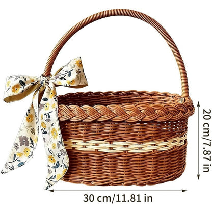 Wicker Easter Basket with Handle – Large Hand Woven Retro Basket with Ribbon for Easter Egg Hunt, Picnic, Outdoor Camping, Gift Hamper & Home Decor