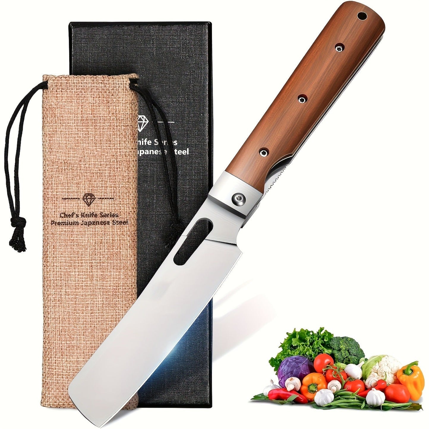 Folding Knife Nakiri 440C Stainless Steel – Ultra-Sharp Portable Chef Knife with Cocobolo Wood Handle & Liner Lock | Handcrafted Camping BBQ Kitchen Vegetable Knife Gift 12-Month Warranty
