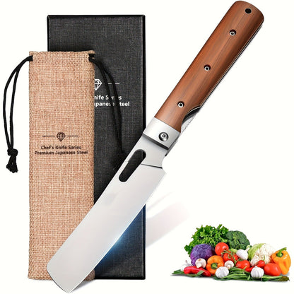 Folding Knife Nakiri 440C Stainless Steel – Ultra-Sharp Portable Chef Knife with Cocobolo Wood Handle & Liner Lock | Handcrafted Camping BBQ Kitchen Vegetable Knife Gift 12-Month Warranty