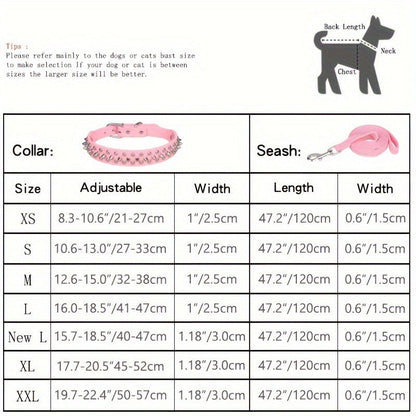 Rivet-Studded Dog Collar and Matching Leash Set with Metal Buckle, Five Colors and XS–XXL Sizing