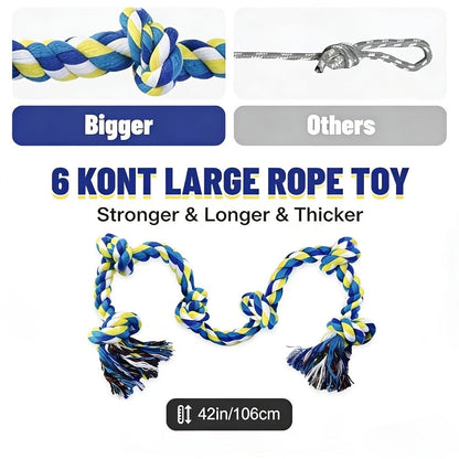 Dog Toy Six-Knot Twisted Rope Bone in Two Colorways for Tug, Fetch and Chew Play with Medium or Large Dogs