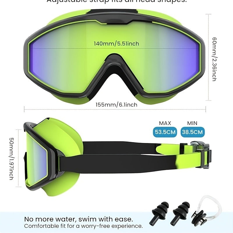 Three-Pair Swimming Goggles Set with 6.1-Inch Frames, Adjustable Straps, Earplugs and Nose Clips in Models A, B or C