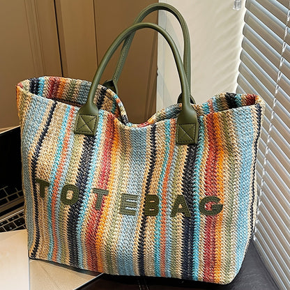 Striped Woven Tote Bag with Letter Detail, Open Top and Black, Green or Brown Handle Options