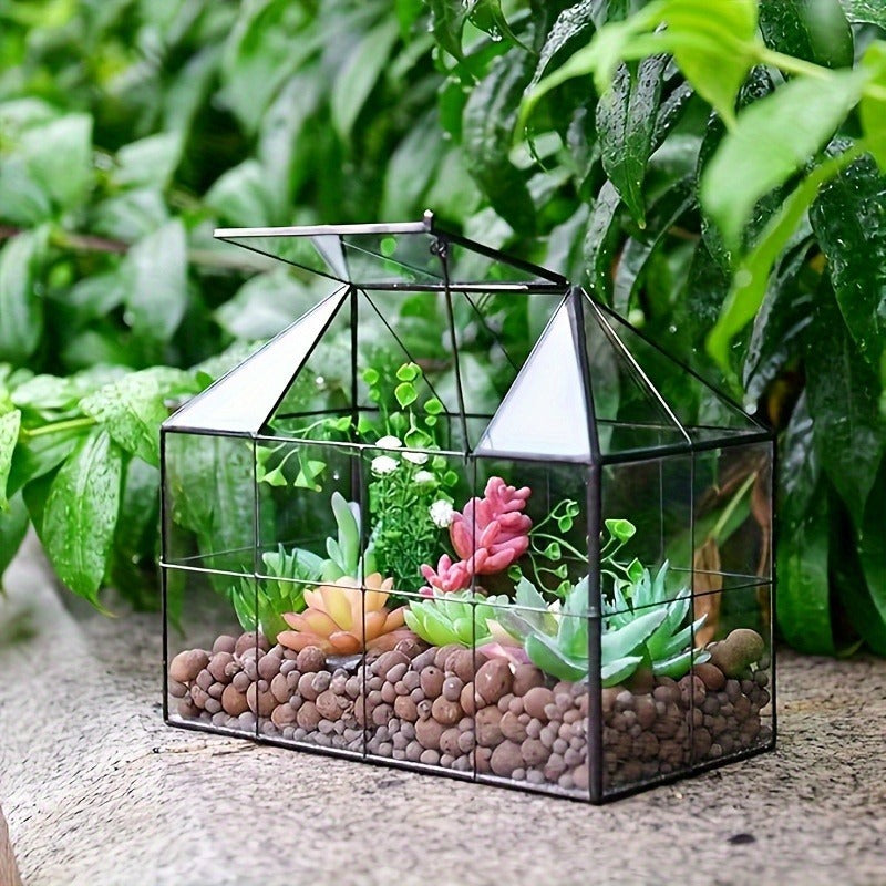 Geometric Glass Terrarium with Swing Lid 9.84x5.31x7.87 Inch Victorian Wardian Case for Succulents Cactus Air Plants Ferns Indoor Desktop Decor Black