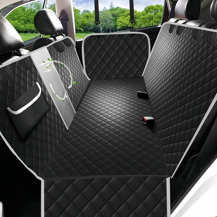Gray Black Quilted Dog Car Back Seat Hammock with Mesh Window, Storage Pockets and 54 x 58 Inch Fit