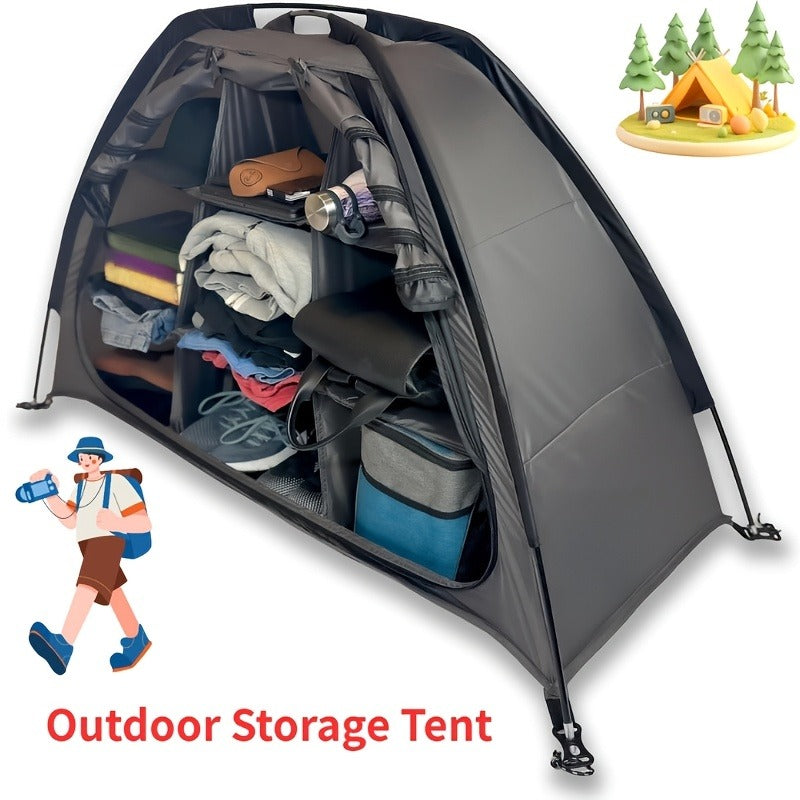 Curved-Top Nine-Shelf Camping Organizer in Brown or Gray with Zippered Front Flap and Folded Carry Form