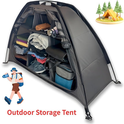 Curved-Top Nine-Shelf Camping Organizer in Brown or Gray with Zippered Front Flap and Folded Carry Form