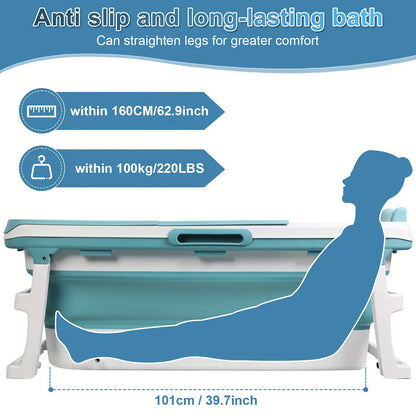 Rectangular Collapsible Adult Soaking Tub in Blue with Rigid Folding Frame, Thermal Cover and Drain Hose