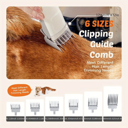 Pet Grooming Vacuum Kit, Five-in-One Suction System with Clippers, Six Guide Combs and Two Color Options
